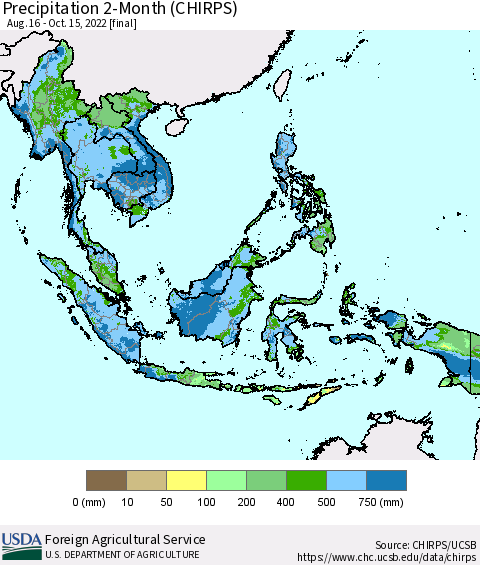 South East Asia Precipitation 2-Month (CHIRPS) Thematic Map For 8/16/2022 - 10/15/2022