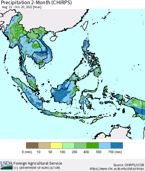 South East Asia Precipitation 2-Month (CHIRPS) Thematic Map For 8/21/2022 - 10/20/2022