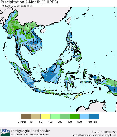 South East Asia Precipitation 2-Month (CHIRPS) Thematic Map For 8/26/2022 - 10/25/2022