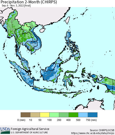 South East Asia Precipitation 2-Month (CHIRPS) Thematic Map For 9/6/2022 - 11/5/2022