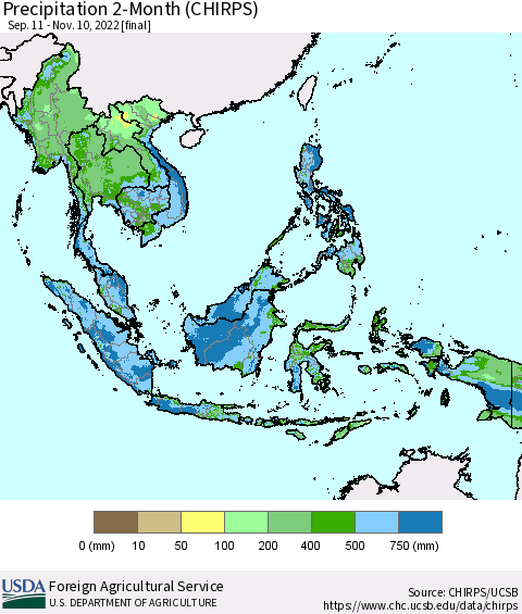 South East Asia Precipitation 2-Month (CHIRPS) Thematic Map For 9/11/2022 - 11/10/2022