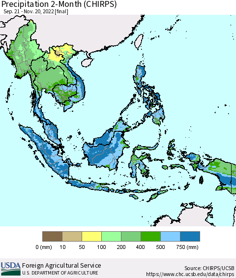 South East Asia Precipitation 2-Month (CHIRPS) Thematic Map For 9/21/2022 - 11/20/2022