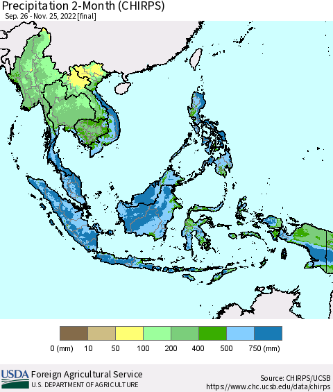 South East Asia Precipitation 2-Month (CHIRPS) Thematic Map For 9/26/2022 - 11/25/2022