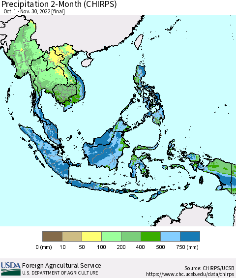 South East Asia Precipitation 2-Month (CHIRPS) Thematic Map For 10/1/2022 - 11/30/2022