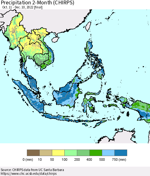 South East Asia Precipitation 2-Month (CHIRPS) Thematic Map For 10/11/2022 - 12/10/2022