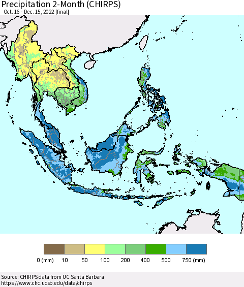 South East Asia Precipitation 2-Month (CHIRPS) Thematic Map For 10/16/2022 - 12/15/2022