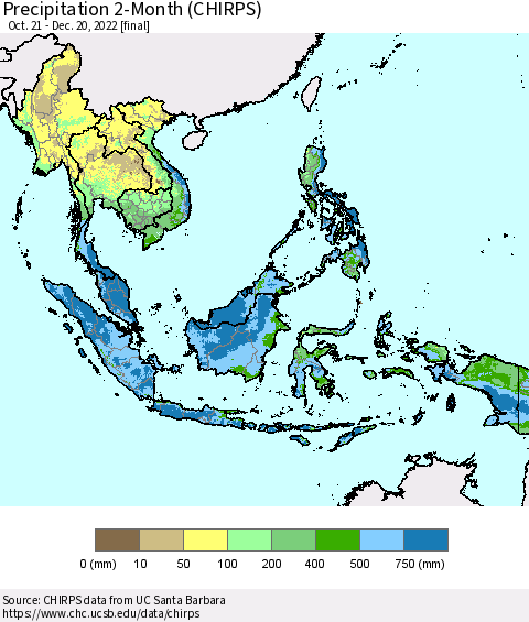 South East Asia Precipitation 2-Month (CHIRPS) Thematic Map For 10/21/2022 - 12/20/2022