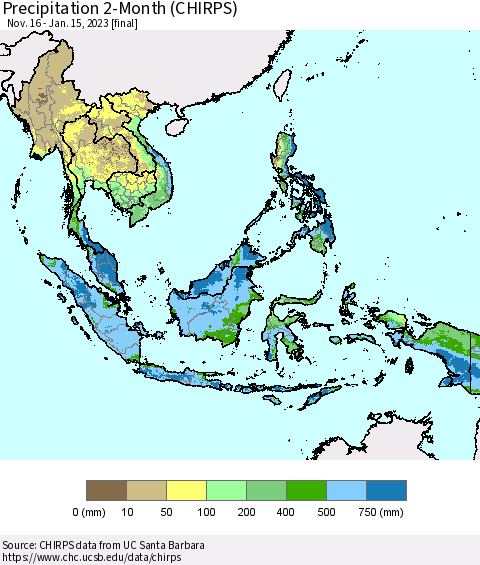 South East Asia Precipitation 2-Month (CHIRPS) Thematic Map For 11/16/2022 - 1/15/2023