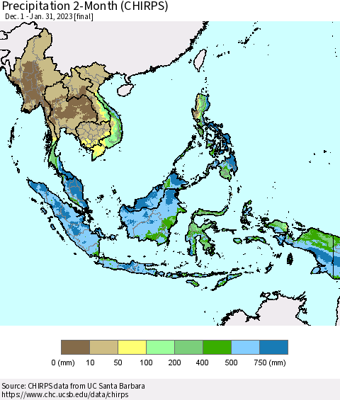 South East Asia Precipitation 2-Month (CHIRPS) Thematic Map For 12/1/2022 - 1/31/2023