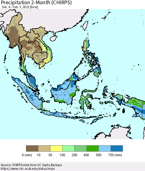 South East Asia Precipitation 2-Month (CHIRPS) Thematic Map For 12/6/2022 - 2/5/2023