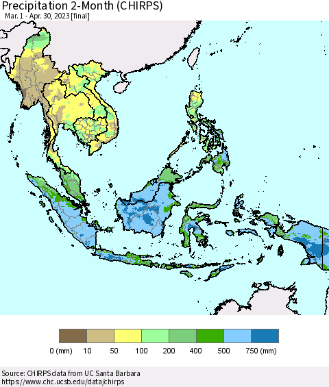 South East Asia Precipitation 2-Month (CHIRPS) Thematic Map For 3/1/2023 - 4/30/2023
