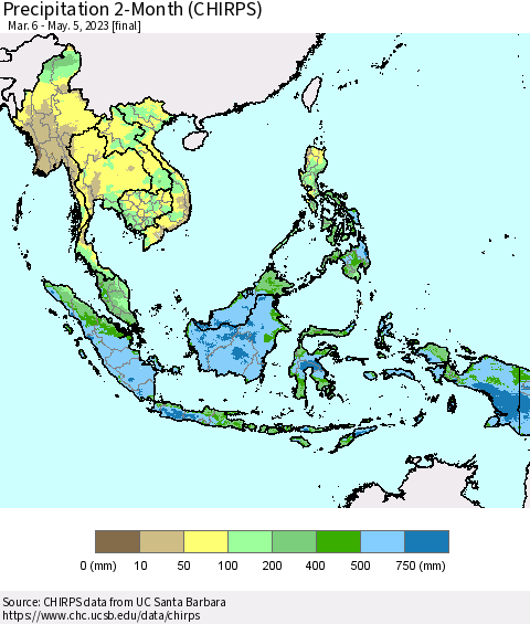 South East Asia Precipitation 2-Month (CHIRPS) Thematic Map For 3/6/2023 - 5/5/2023