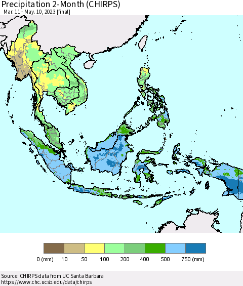 South East Asia Precipitation 2-Month (CHIRPS) Thematic Map For 3/11/2023 - 5/10/2023