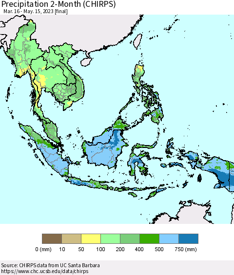 South East Asia Precipitation 2-Month (CHIRPS) Thematic Map For 3/16/2023 - 5/15/2023