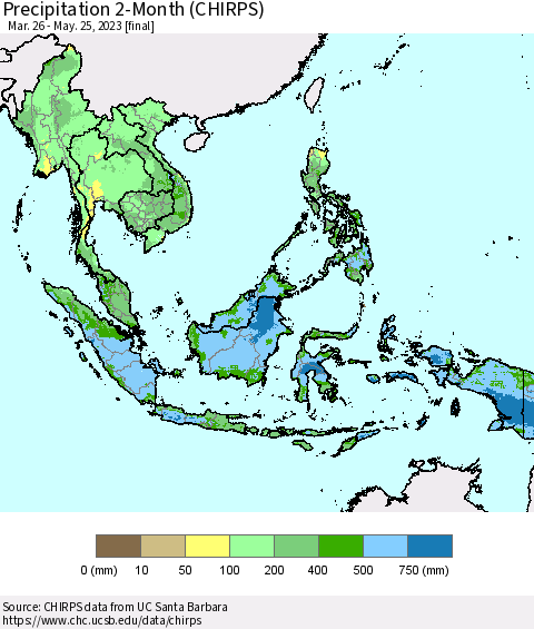 South East Asia Precipitation 2-Month (CHIRPS) Thematic Map For 3/26/2023 - 5/25/2023