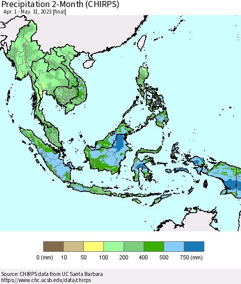 South East Asia Precipitation 2-Month (CHIRPS) Thematic Map For 4/1/2023 - 5/31/2023