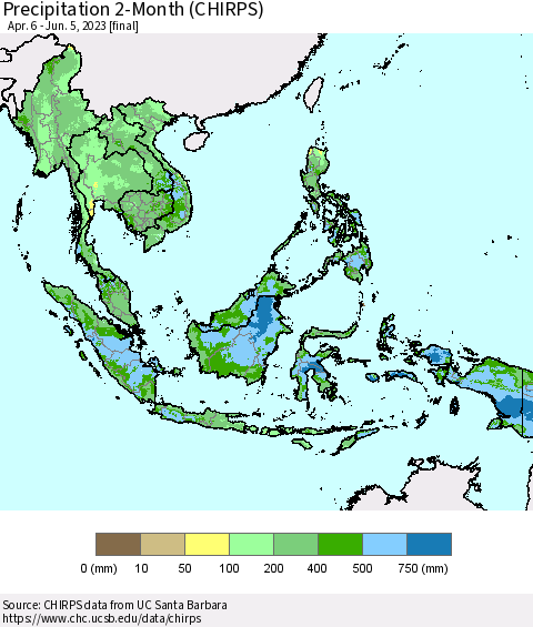 South East Asia Precipitation 2-Month (CHIRPS) Thematic Map For 4/6/2023 - 6/5/2023