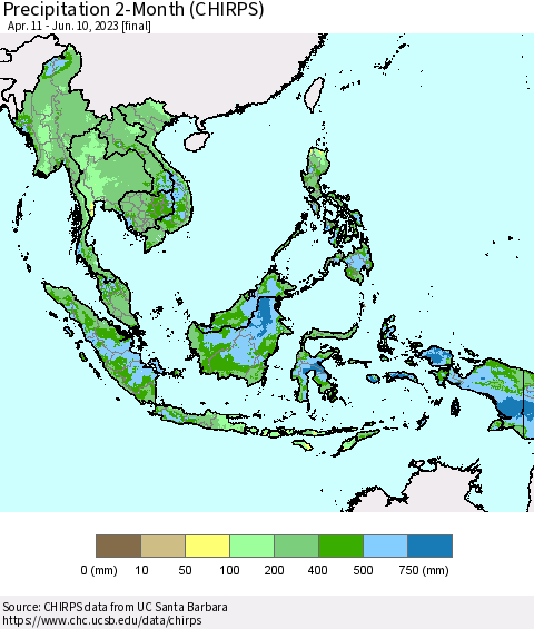 South East Asia Precipitation 2-Month (CHIRPS) Thematic Map For 4/11/2023 - 6/10/2023