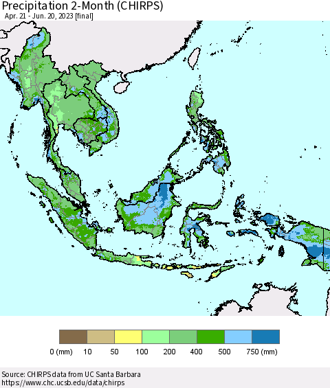 South East Asia Precipitation 2-Month (CHIRPS) Thematic Map For 4/21/2023 - 6/20/2023