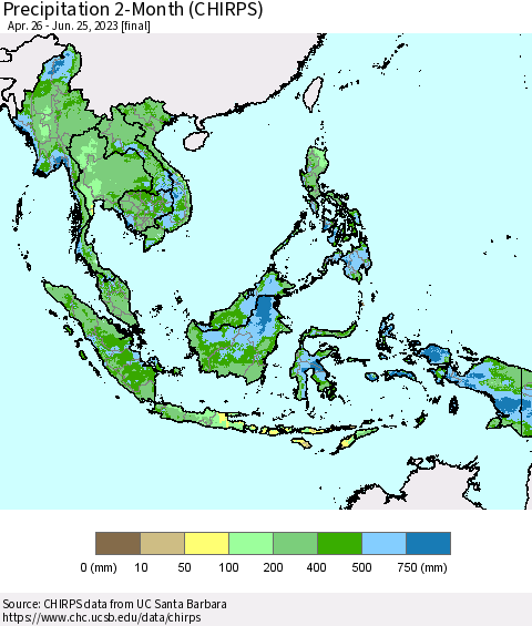 South East Asia Precipitation 2-Month (CHIRPS) Thematic Map For 4/26/2023 - 6/25/2023