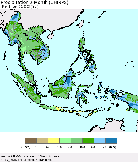 South East Asia Precipitation 2-Month (CHIRPS) Thematic Map For 5/1/2023 - 6/30/2023