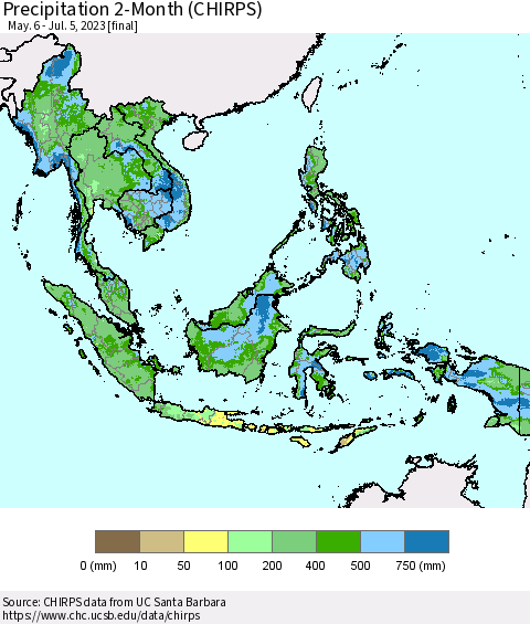 South East Asia Precipitation 2-Month (CHIRPS) Thematic Map For 5/6/2023 - 7/5/2023
