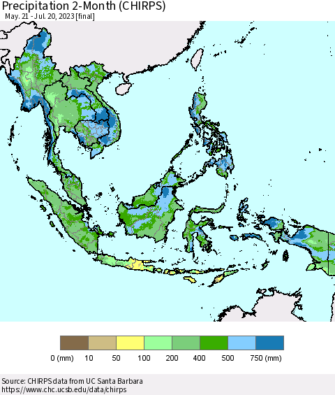 South East Asia Precipitation 2-Month (CHIRPS) Thematic Map For 5/21/2023 - 7/20/2023