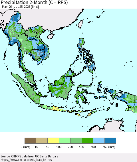 South East Asia Precipitation 2-Month (CHIRPS) Thematic Map For 5/26/2023 - 7/25/2023