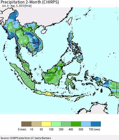 South East Asia Precipitation 2-Month (CHIRPS) Thematic Map For 6/6/2023 - 8/5/2023