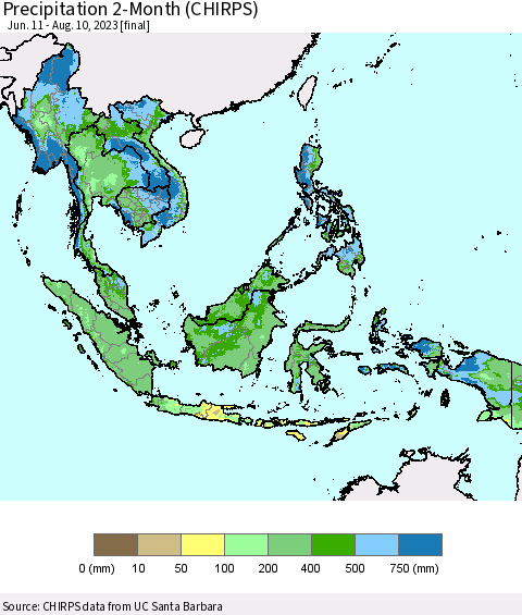 South East Asia Precipitation 2-Month (CHIRPS) Thematic Map For 6/11/2023 - 8/10/2023