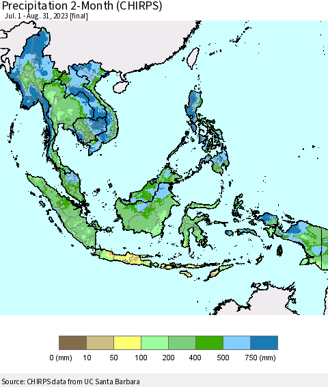 South East Asia Precipitation 2-Month (CHIRPS) Thematic Map For 7/1/2023 - 8/31/2023
