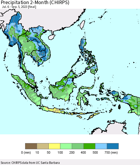South East Asia Precipitation 2-Month (CHIRPS) Thematic Map For 7/6/2023 - 9/5/2023