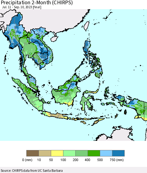South East Asia Precipitation 2-Month (CHIRPS) Thematic Map For 7/11/2023 - 9/10/2023
