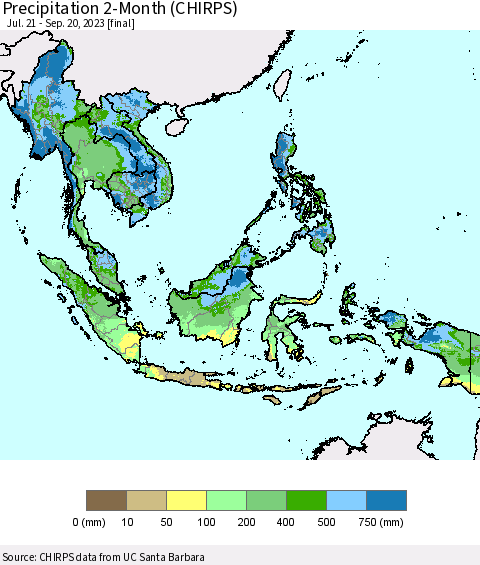 South East Asia Precipitation 2-Month (CHIRPS) Thematic Map For 7/21/2023 - 9/20/2023