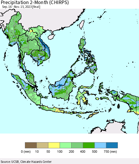 South East Asia Precipitation 2-Month (CHIRPS) Thematic Map For 9/16/2023 - 11/15/2023