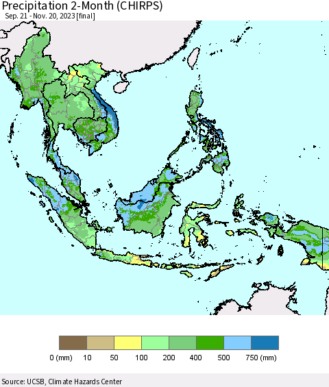 South East Asia Precipitation 2-Month (CHIRPS) Thematic Map For 9/21/2023 - 11/20/2023
