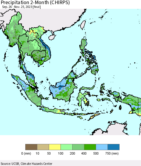 South East Asia Precipitation 2-Month (CHIRPS) Thematic Map For 9/26/2023 - 11/25/2023