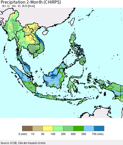 South East Asia Precipitation 2-Month (CHIRPS) Thematic Map For 10/11/2023 - 12/10/2023