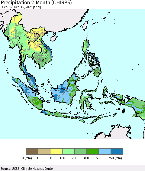 South East Asia Precipitation 2-Month (CHIRPS) Thematic Map For 10/16/2023 - 12/15/2023