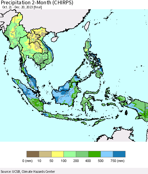 South East Asia Precipitation 2-Month (CHIRPS) Thematic Map For 10/21/2023 - 12/20/2023