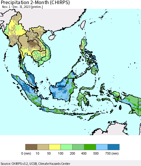 South East Asia Precipitation 2-Month (CHIRPS) Thematic Map For 11/1/2023 - 12/31/2023
