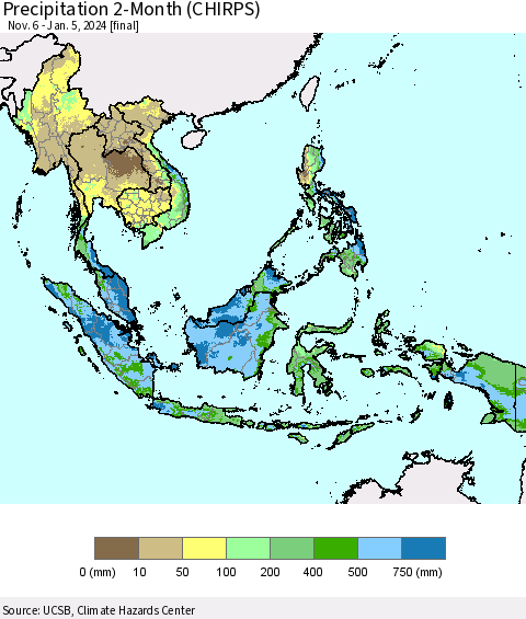 South East Asia Precipitation 2-Month (CHIRPS) Thematic Map For 11/6/2023 - 1/5/2024