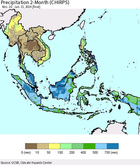 South East Asia Precipitation 2-Month (CHIRPS) Thematic Map For 11/16/2023 - 1/15/2024