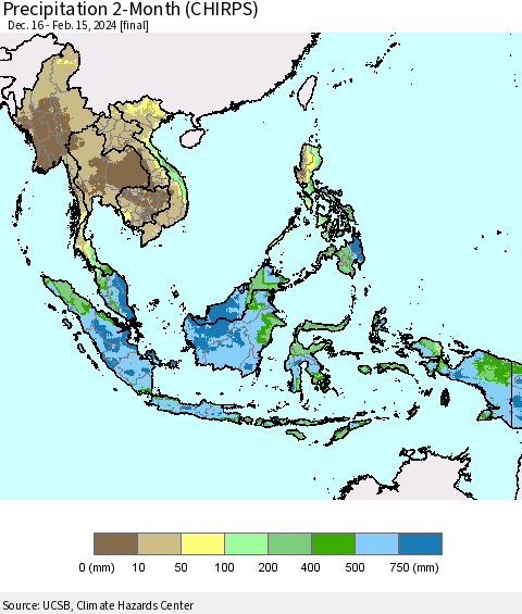 South East Asia Precipitation 2-Month (CHIRPS) Thematic Map For 12/16/2023 - 2/15/2024