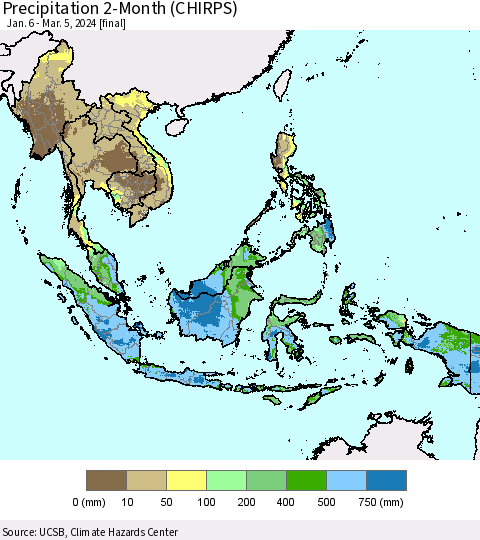 South East Asia Precipitation 2-Month (CHIRPS) Thematic Map For 1/6/2024 - 3/5/2024