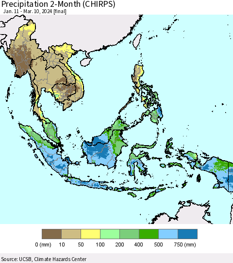 South East Asia Precipitation 2-Month (CHIRPS) Thematic Map For 1/11/2024 - 3/10/2024