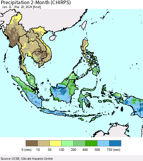 South East Asia Precipitation 2-Month (CHIRPS) Thematic Map For 1/21/2024 - 3/20/2024