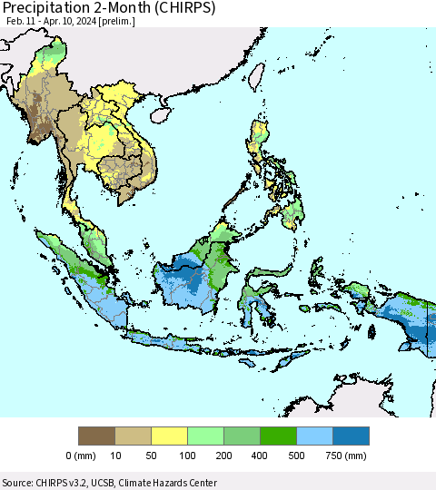 South East Asia Precipitation 2-Month (CHIRPS) Thematic Map For 2/11/2024 - 4/10/2024