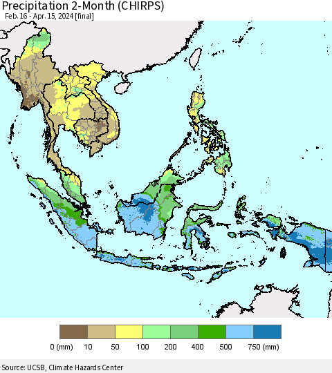 South East Asia Precipitation 2-Month (CHIRPS) Thematic Map For 2/16/2024 - 4/15/2024