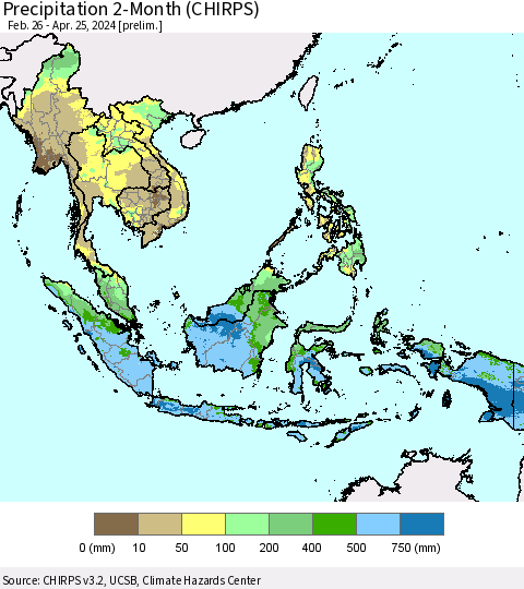 South East Asia Precipitation 2-Month (CHIRPS) Thematic Map For 2/26/2024 - 4/25/2024